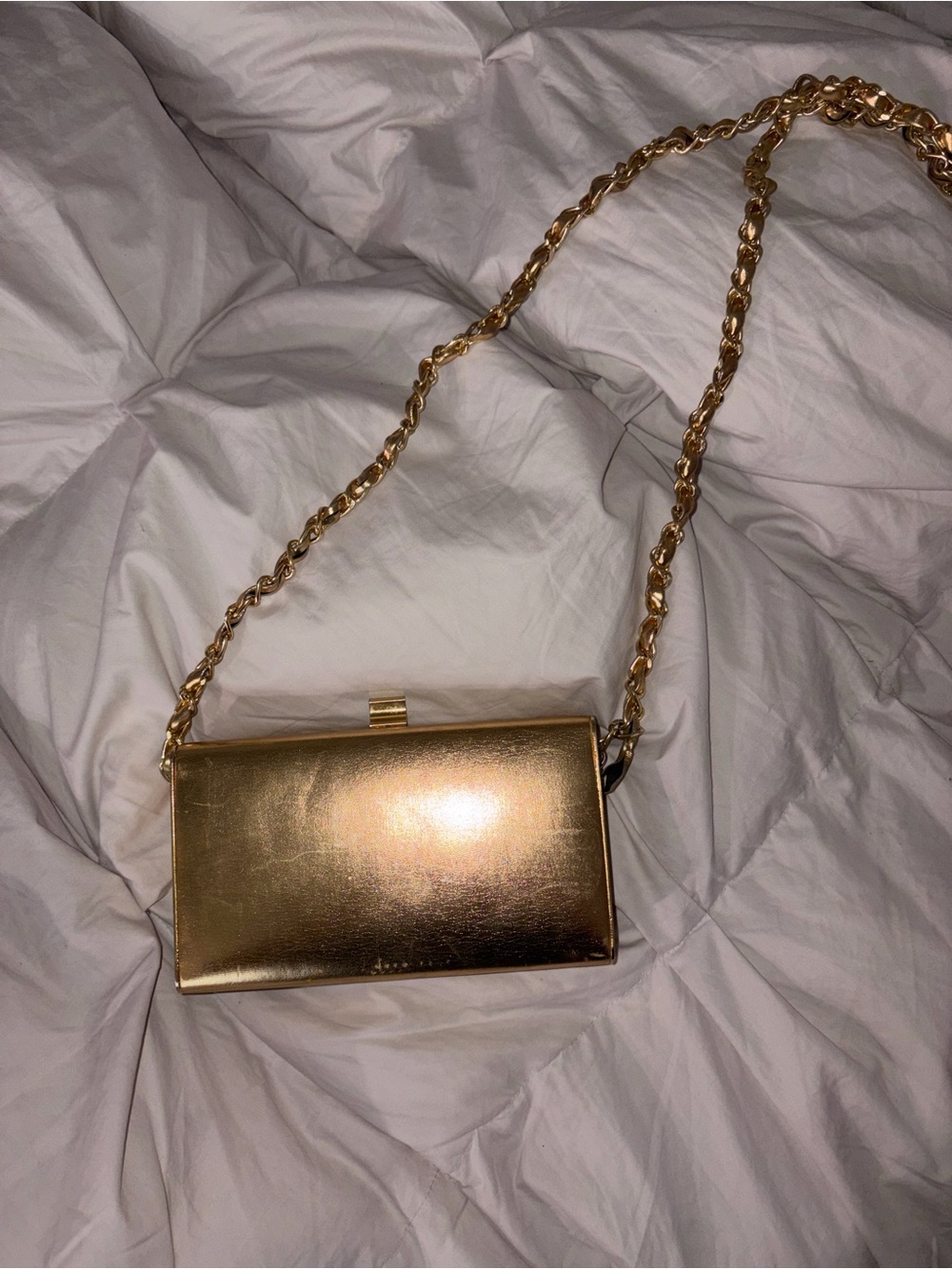 Metallic Gold Hard Case Clutch Bag W/ Interwoven Chain Strap Evening Prom